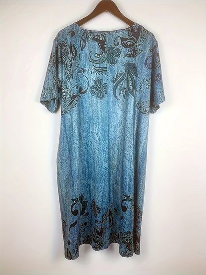 Plus Size, Women's Short Sleeve V-Neck Button Floral Print Dress