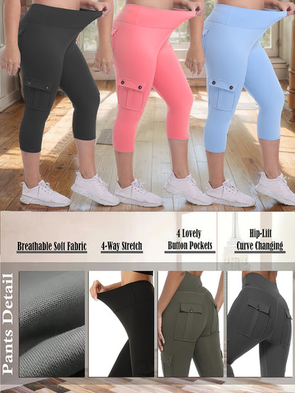 3-packs High Waist Yoga Capri Pants 3pcs Capri Pants Set, 4 Way Stretch Butt Lifting Tummy Control, 4 Button Pockets Workout Running Sports Pants