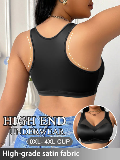 Wire-Free Plus Size Bra for Women - Mesh Design, Glossy Satin Seamless Underwear, Comfortable Breathable Soft Support, Non-adjustable Straps with Non-removable Padding, Nylon Spandex Blend Smooth Plus Size Bra, Perfect for Everyday Casual Wear