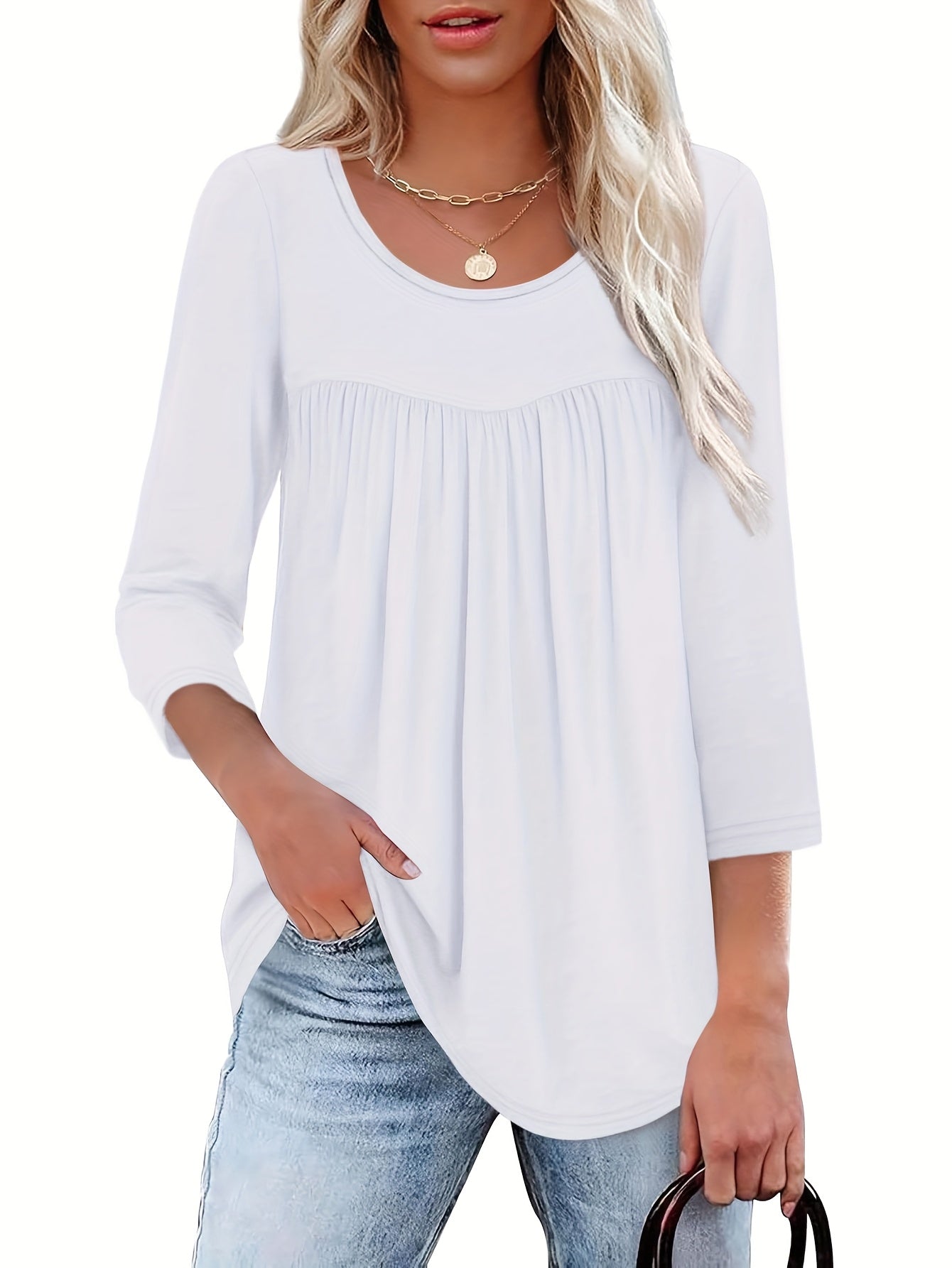 Three-piece Women's 3/4 Long-sleeved Top, Fashionable Ladies' Casual Loose Shirt, Round-neck Pleated T-shirt