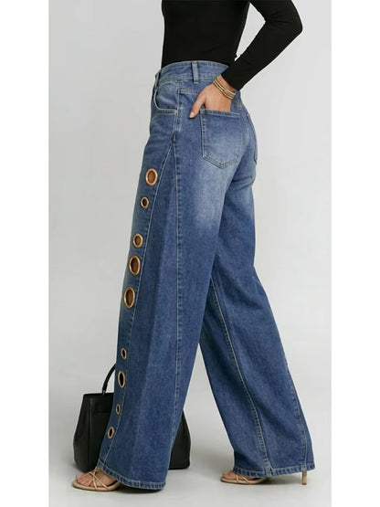 [Casual High-Waisted Jeans] New Women's Jeans 2026 with Metallic Eye Design - Casual Loose High-Waisted Wide Pants for Women