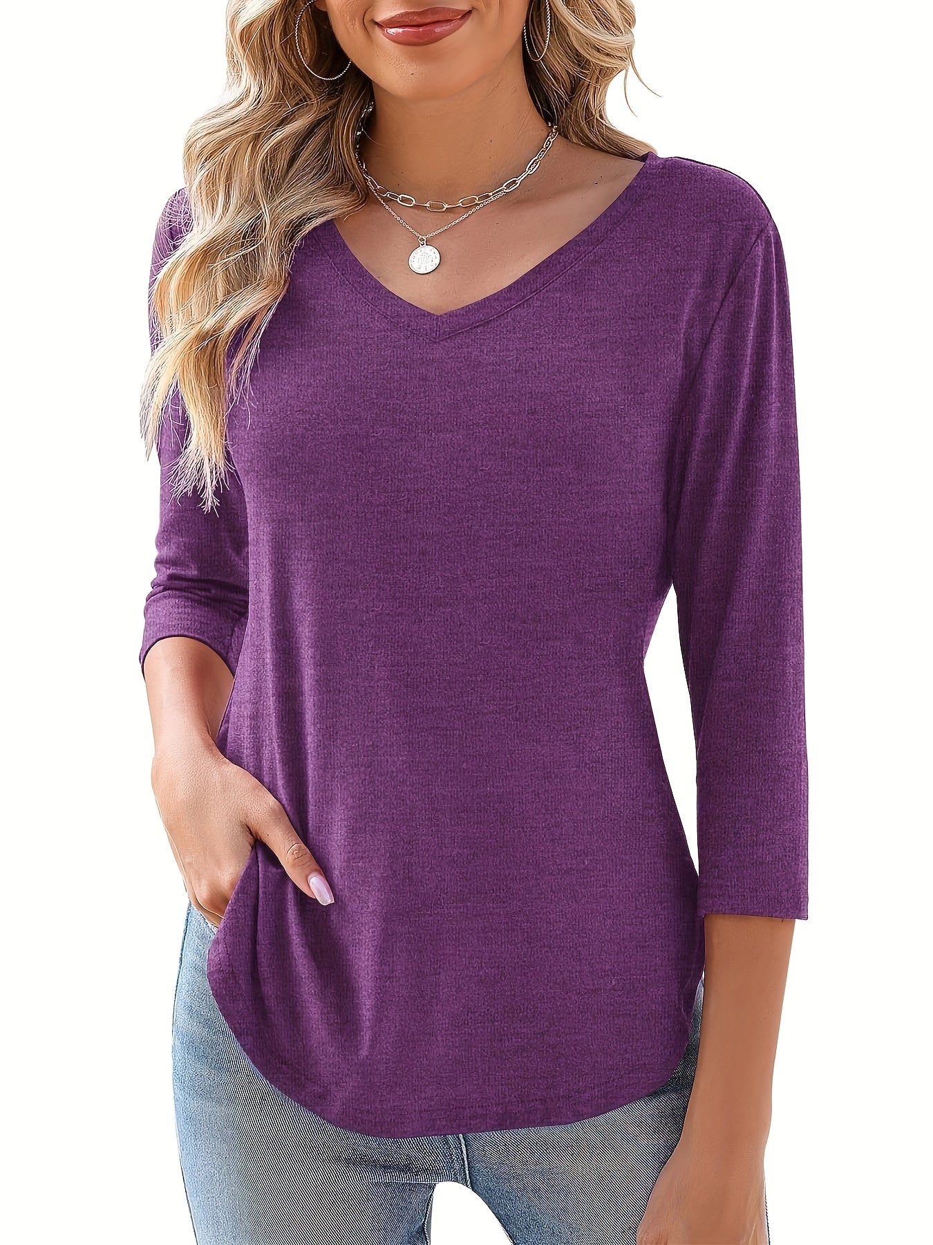 Elegant Casual Solid Color Basic Top with 3/4 Sleeves And a V-Neck for Women, Perfect for Summer