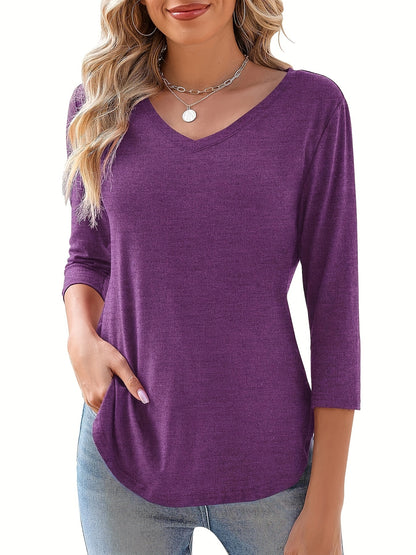 Elegant Casual Solid Color Basic Top with 3/4 Sleeves And a V-Neck for Women, Perfect for Summer
