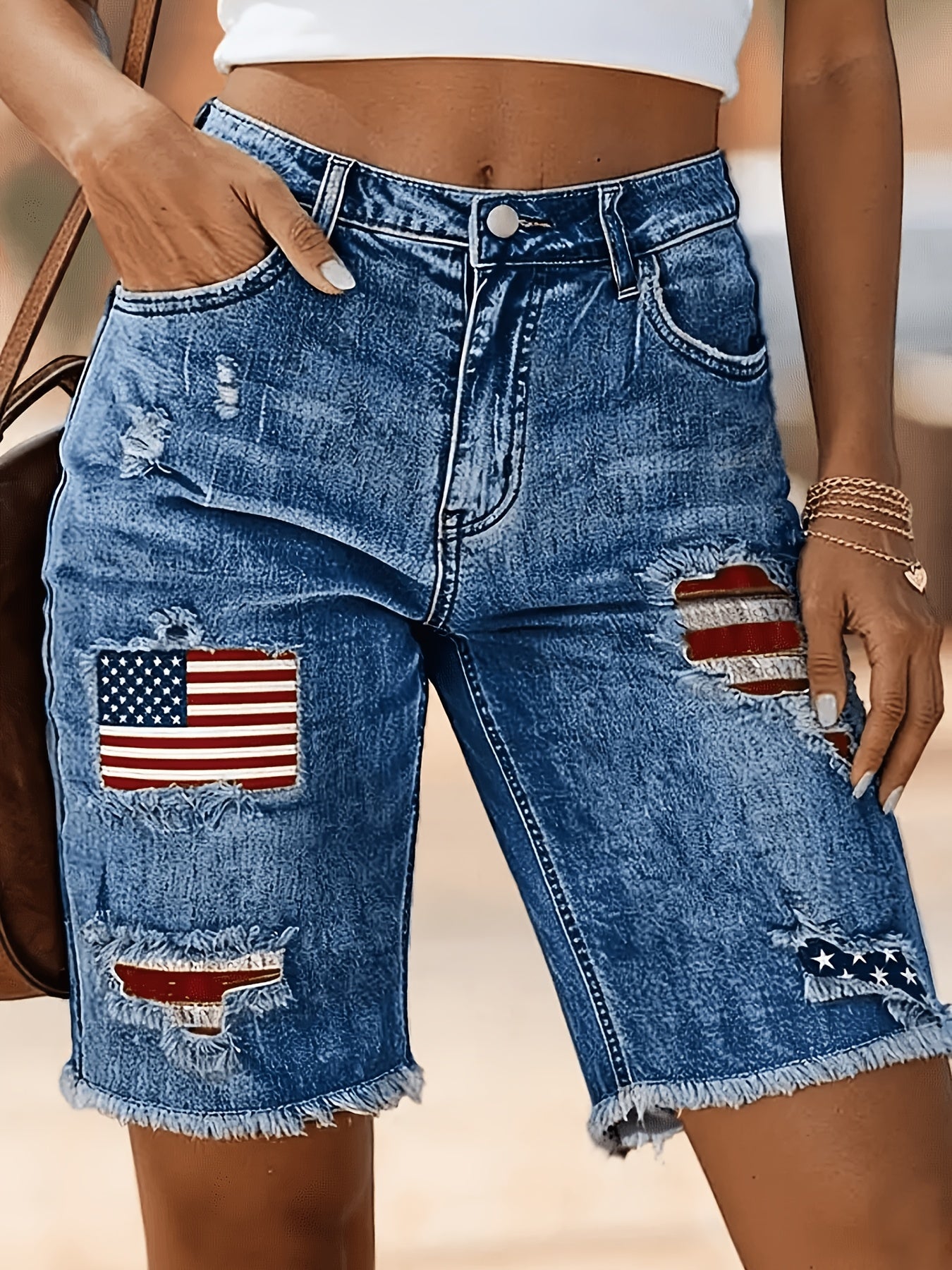 Women's Denim Shorts, Embroidered Patch Distressed Frayed Mid-rise Denim Bermuda Shorts, Summer Casual Versatile Jeans, Women's Jeans And Apparel
