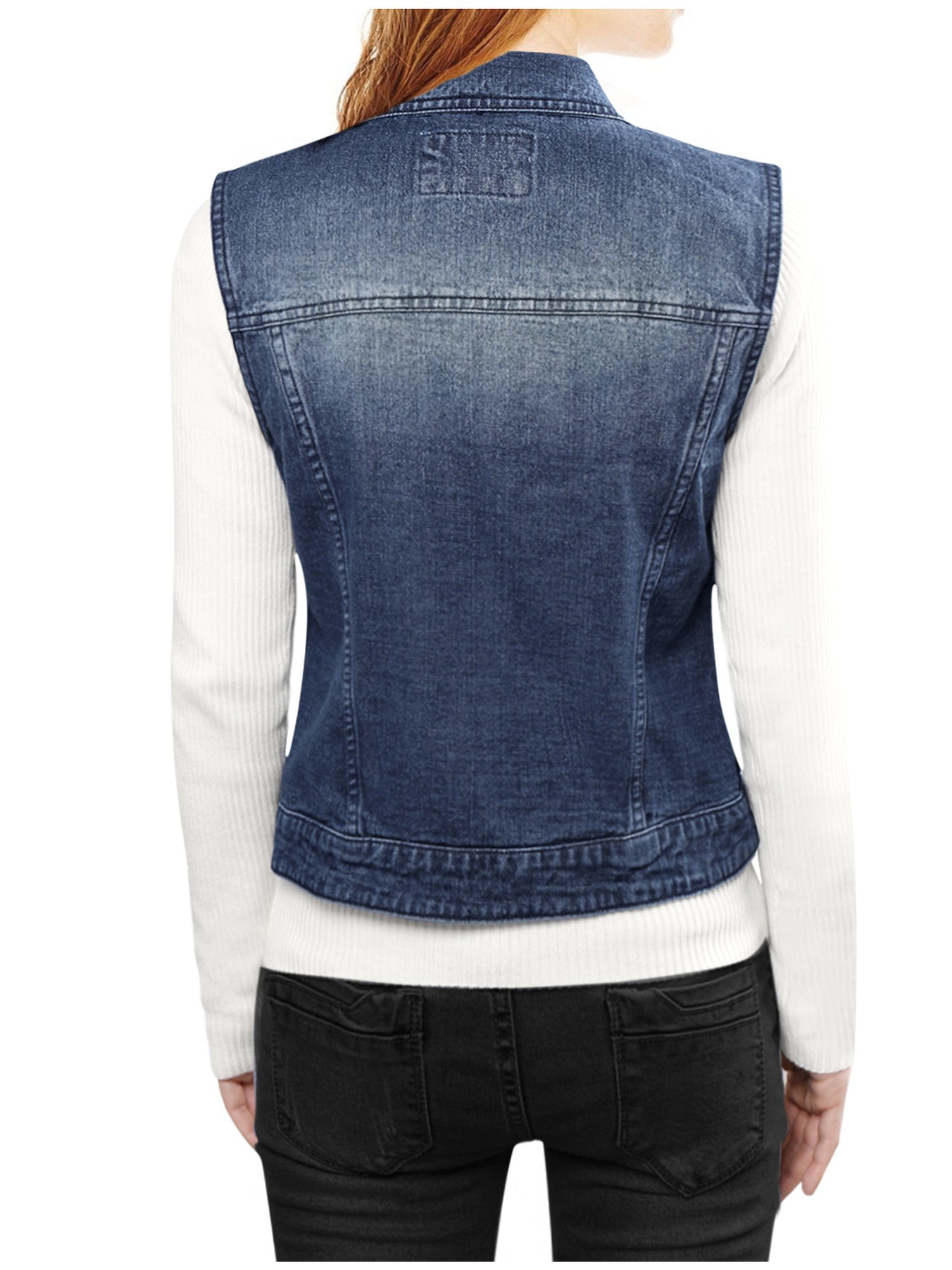 Women's Buttoned Washed Denim Vest Jacket W Chest Flap Pockets