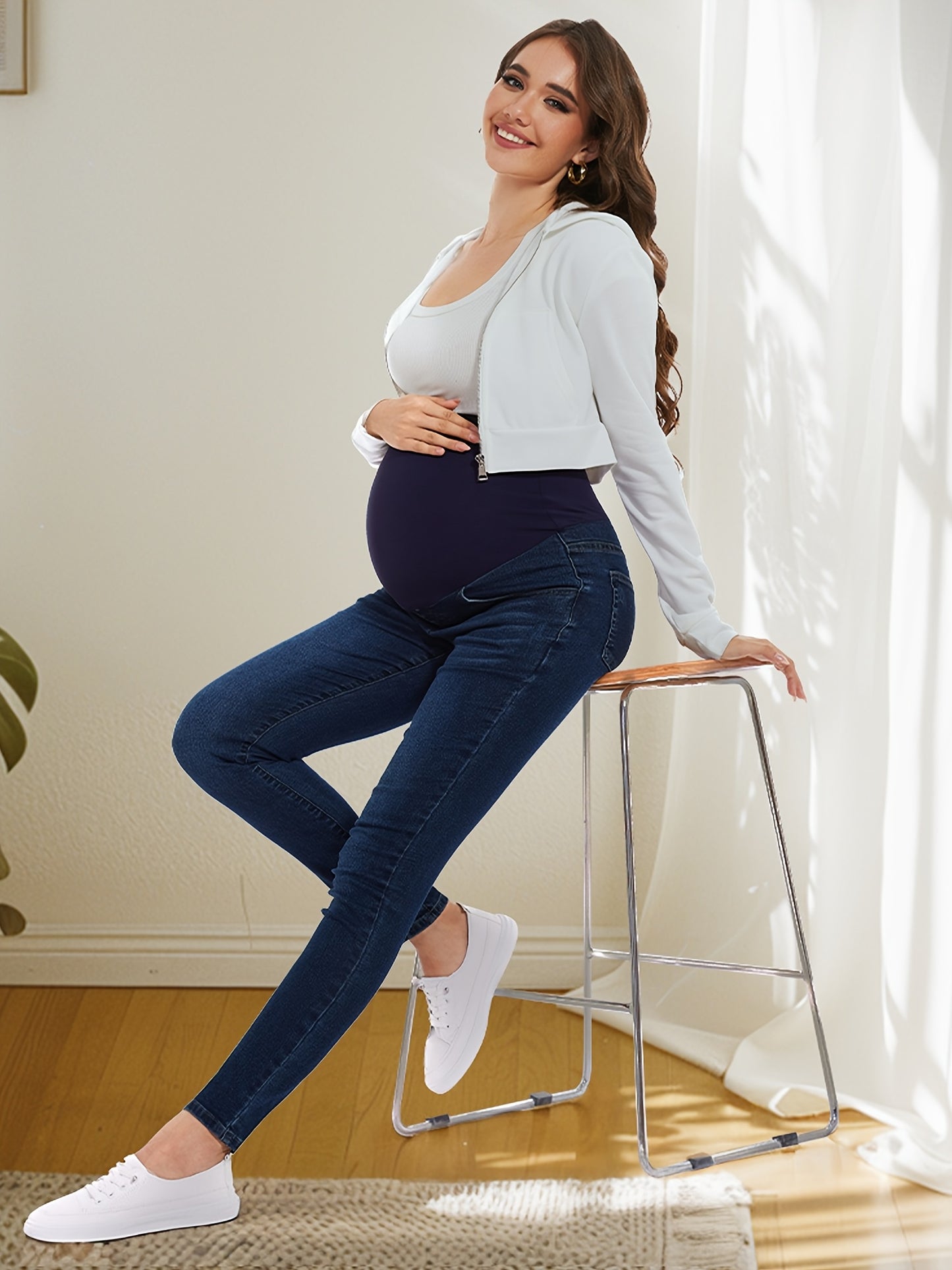 Women's Maternity Jeans Over The Belly Slim Stretchy High Waist Denim Skinny Pants with Pockets