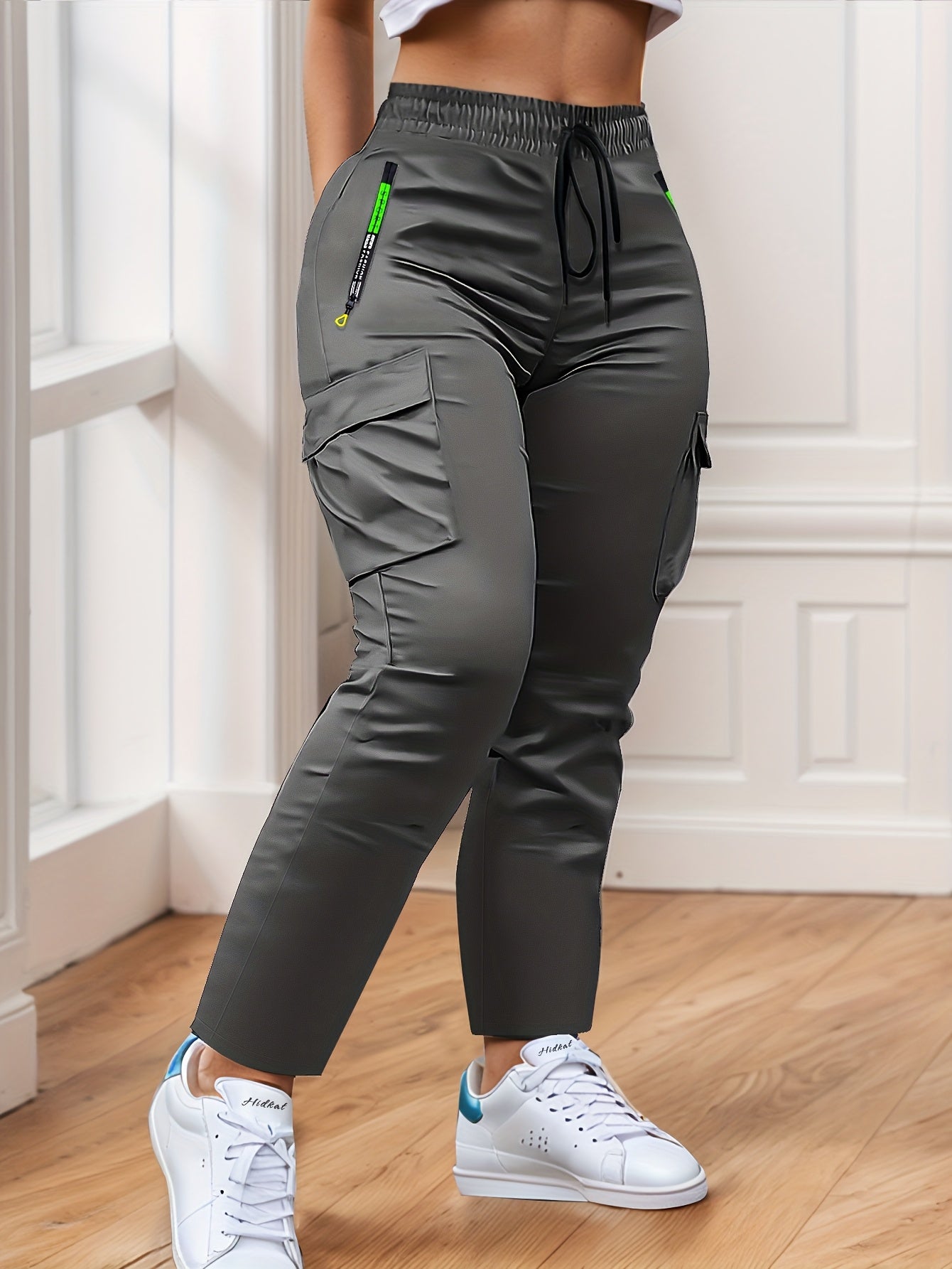 Women'S Heavy-Duty Cargo Pants with Multi-Zipper Pockets & Neon Green Zippers - Belt-Like Waist Drawstring, Full-Length Trousers for Outdoor, Travel - Casual Pants (Neon Green Accent, Spring/Fall) - No-Leg-Slip Design