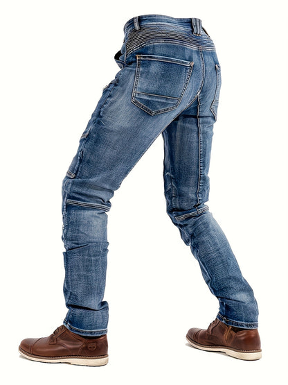 Men's Vintage Washed Motorcycle Pants - Slim Fit Stretch Denim with Elastic Panels, Mid-Stretch Comfort & Zipper Closure, Machine Washable All-Season Casual Riding Jeans