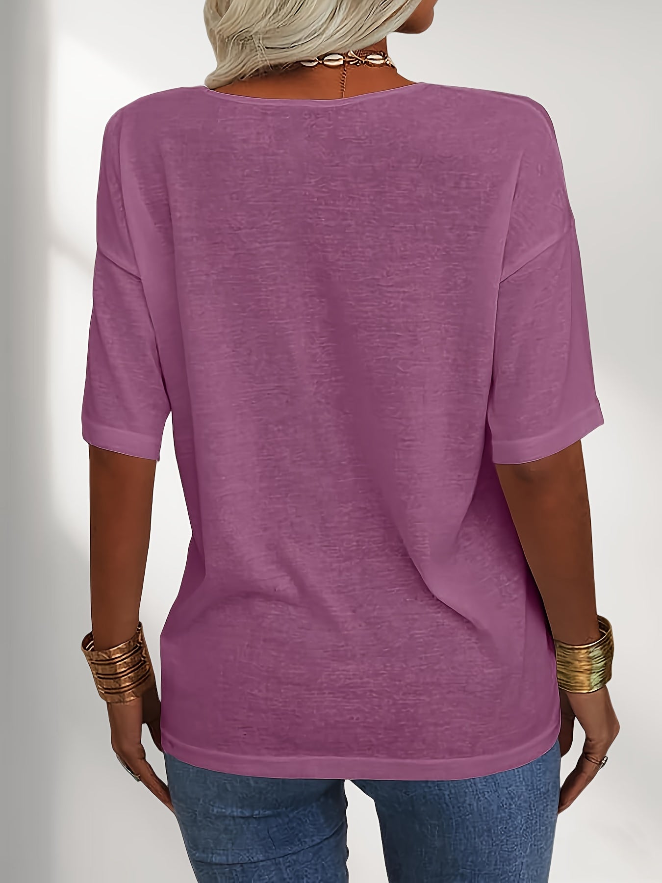 Women Fashion V-Neck Half Sleeves Oversized T Shirt Solid Casual Loose Basic Tops