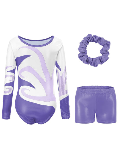 Girls' 3pcs Gymnastics Leotard Set with Geometric Pattern, Long Sleeve Bodysuit & Matching Shorts - Includes Hairband, Stretchy & Breathable Fabric for Dance Training, Perfect for Outdoor, All Seasons, Gift for Back-to-School Season