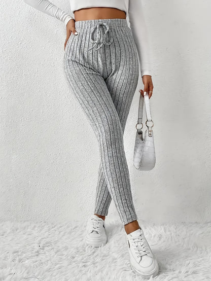 Women'S High - Waist Ribbed Leggings - Stretchy Slim Fit, Drawstring Detail, Casual Solid Color Pants for All Seasons