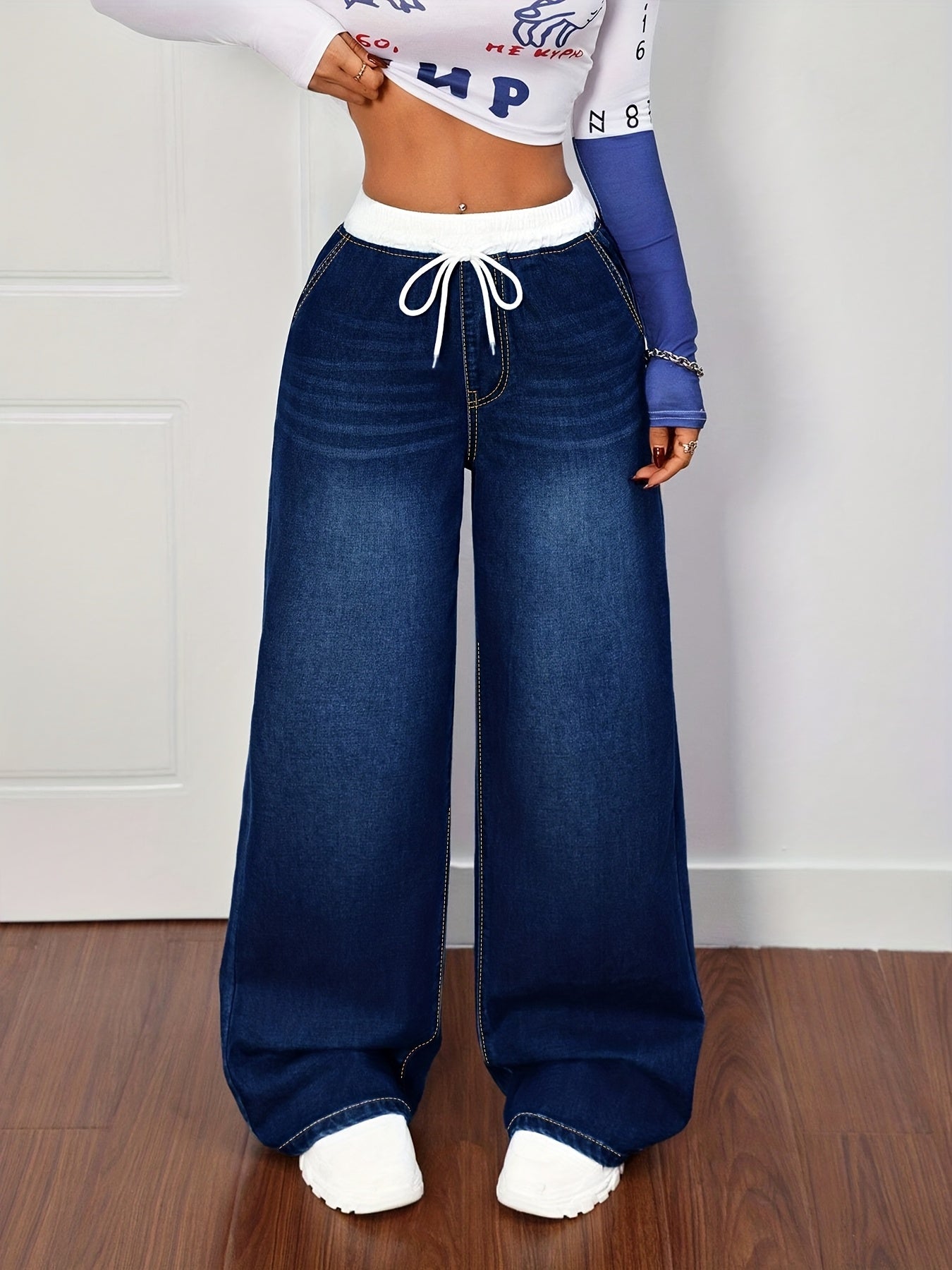 Women's Plus Size Blue Denim Pants - Whisker Details, Panel, Elastic Waist with Drawstring, Wide-Leg | High-Waisted, Slim-Fitting & Figure-Flattering | Retro Street & Casual Sporty Style | Versatile for All Seasons