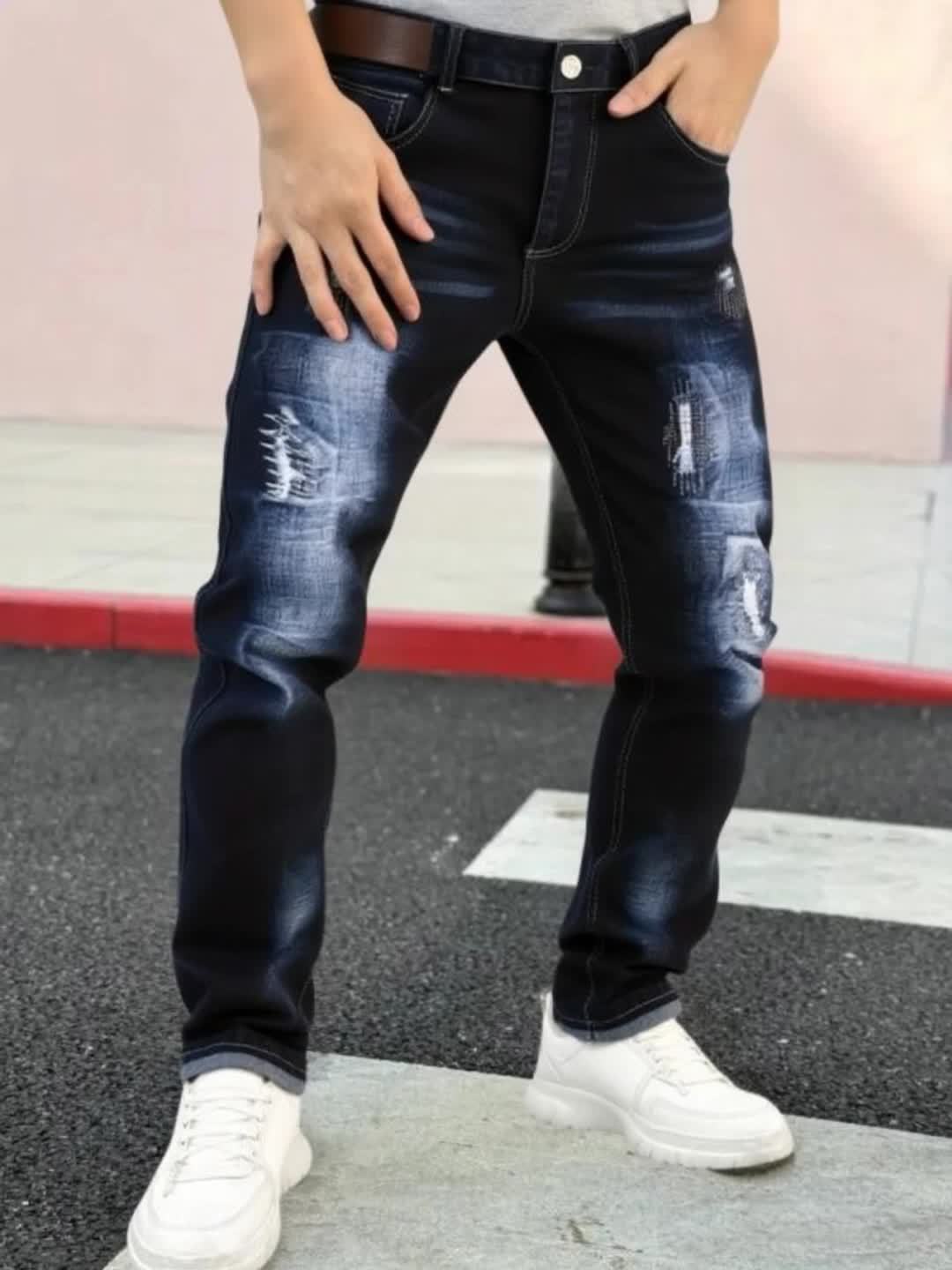 [HME] Autumn New Men'S Jeans, Mid-Waist Stretch Slim Straight Leg, Retro Trendy Brand Perforated Design, Heavy Washed Blue Natural Whitening Effect, Classic Five-Pocket Style, YKK Zipper, Essential Denim Long Pants for Men'S Fashionable Outfits
