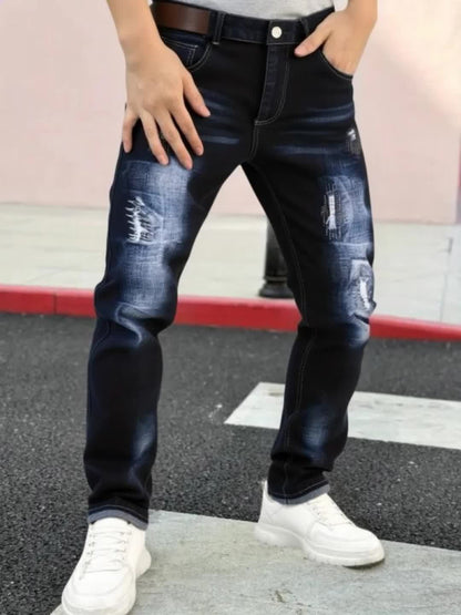 [HME] Autumn New Men'S Jeans, Mid-Waist Stretch Slim Straight Leg, Retro Trendy Brand Perforated Design, Heavy Washed Blue Natural Whitening Effect, Classic Five-Pocket Style, YKK Zipper, Essential Denim Long Pants for Men'S Fashionable Outfits
