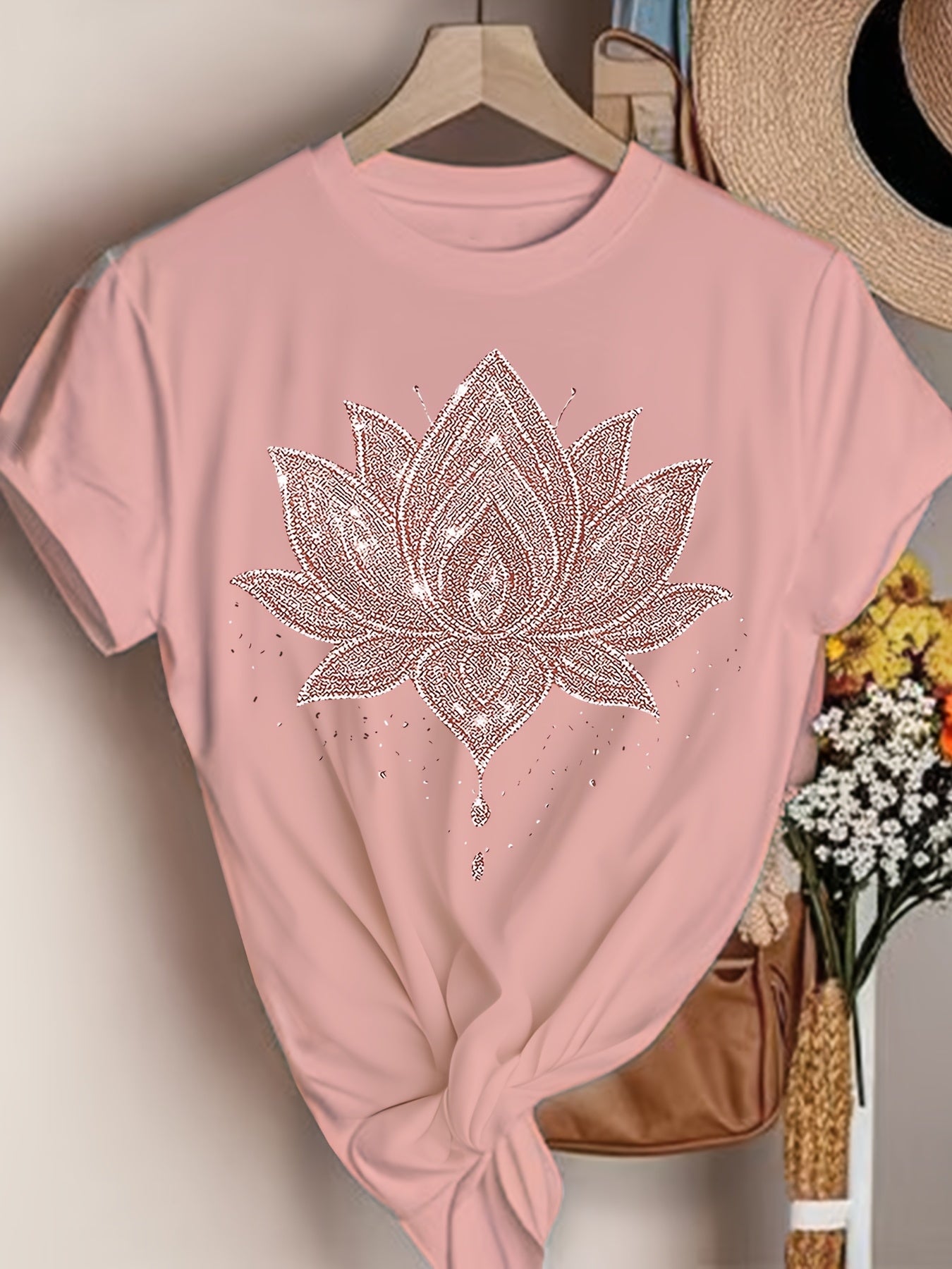 Inner Peace Mandala Plant Floral Pattern Printed T-Shirt Casual Short Sleeve Round Neck Top Fashionable All-Season Women'S Clothing