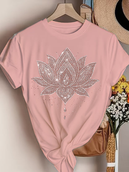 Inner Peace Mandala Plant Floral Pattern Printed T-Shirt Casual Short Sleeve Round Neck Top Fashionable All-Season Women'S Clothing