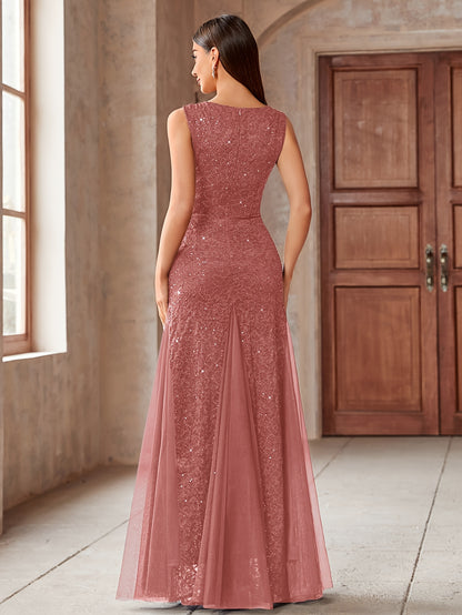 23218 Elegant Women's Sequin Lace Long Evening Bridesmaid Dress, Sweetheart Neckline Sleeveless Design with Slit Tulle Mermaid Hem, Perfect for Formal Wedding Party