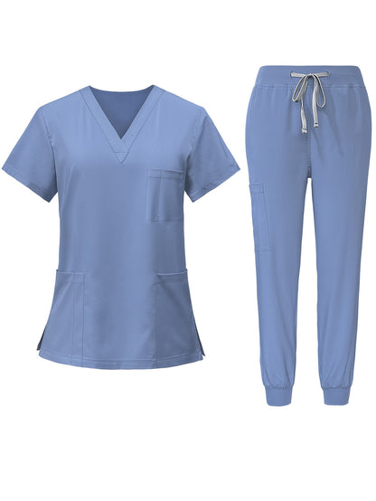 [2pcs Scrub Suit Set] Ships From The United States] 2pcs Set Scrub Suit Set for Women Modern V-neck Top T-shirt & Tapered Leg Jogger Pants with Drawstring Nursing Uniforms Set Suitable for Pet Hospitals, Dental Clinics, Nursing Work, Etc