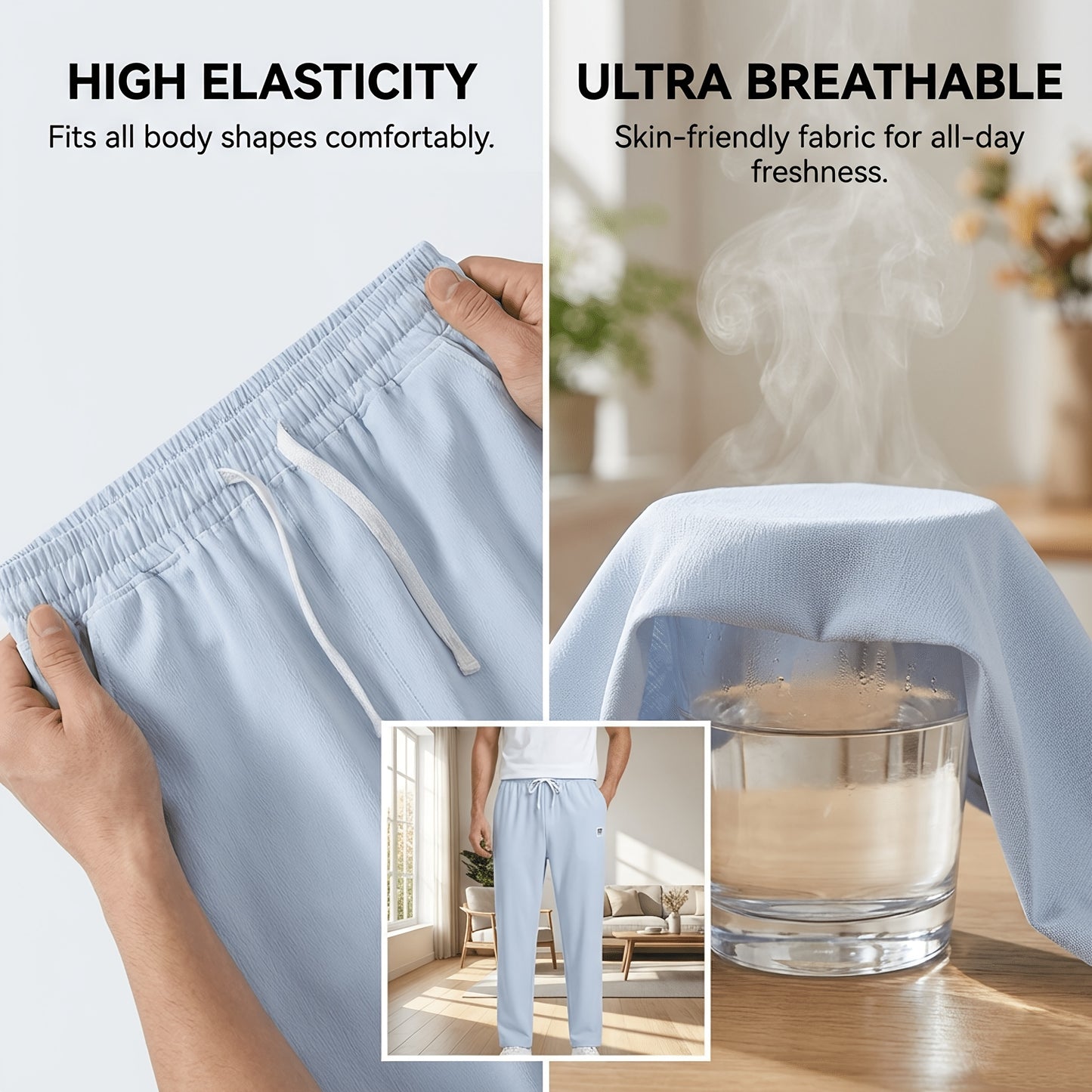 Men's 3pcs Casual Pants Lightweight Breathable Drawstring Waist Trousers for Beach, Vacation & Summer Daily Wear