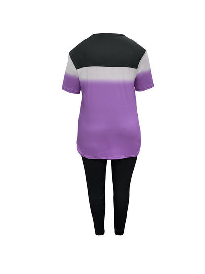 Plus Size, Women's Short-sleeve Long-pants Suit, Gradient Color with God Letter Print, Pants Have Pockets