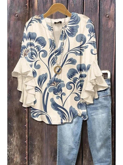 [Holiday Tops] Women's Blouse Ruffle Print Paisley Stylish Modern 3/4 Length Sleeve V Neck Regular Tops Daily Holiday Blue Black Wine Khaki Summer