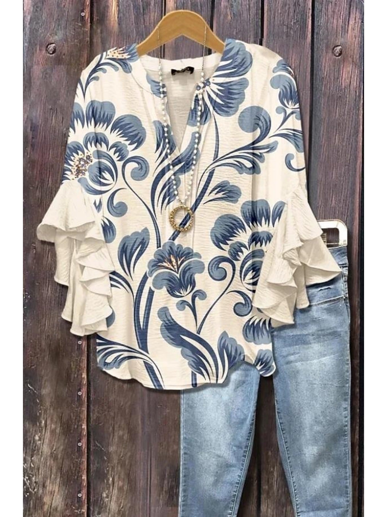 [Holiday Tops] Women's Blouse Ruffle Print Paisley Stylish Modern 3/4 Length Sleeve V Neck Regular Tops Daily Holiday Blue Black Wine Khaki Summer