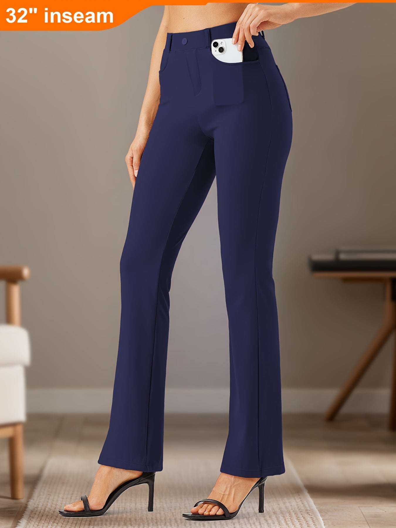 32'' Women's Bootcut Yoga Dress Pants 4 Pockets, Stretch Work Pants, Wrinkle-Free, Lightweight Office Flare Leggings, Wide Leg with Belt Loops, Casual Comfort