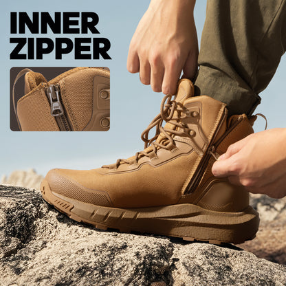 Men's Tactical Hiking Boot Lightweight Cushion Sole Boots for Work All Day Side Zipper Motorcycle Combat Boot 8 Inches