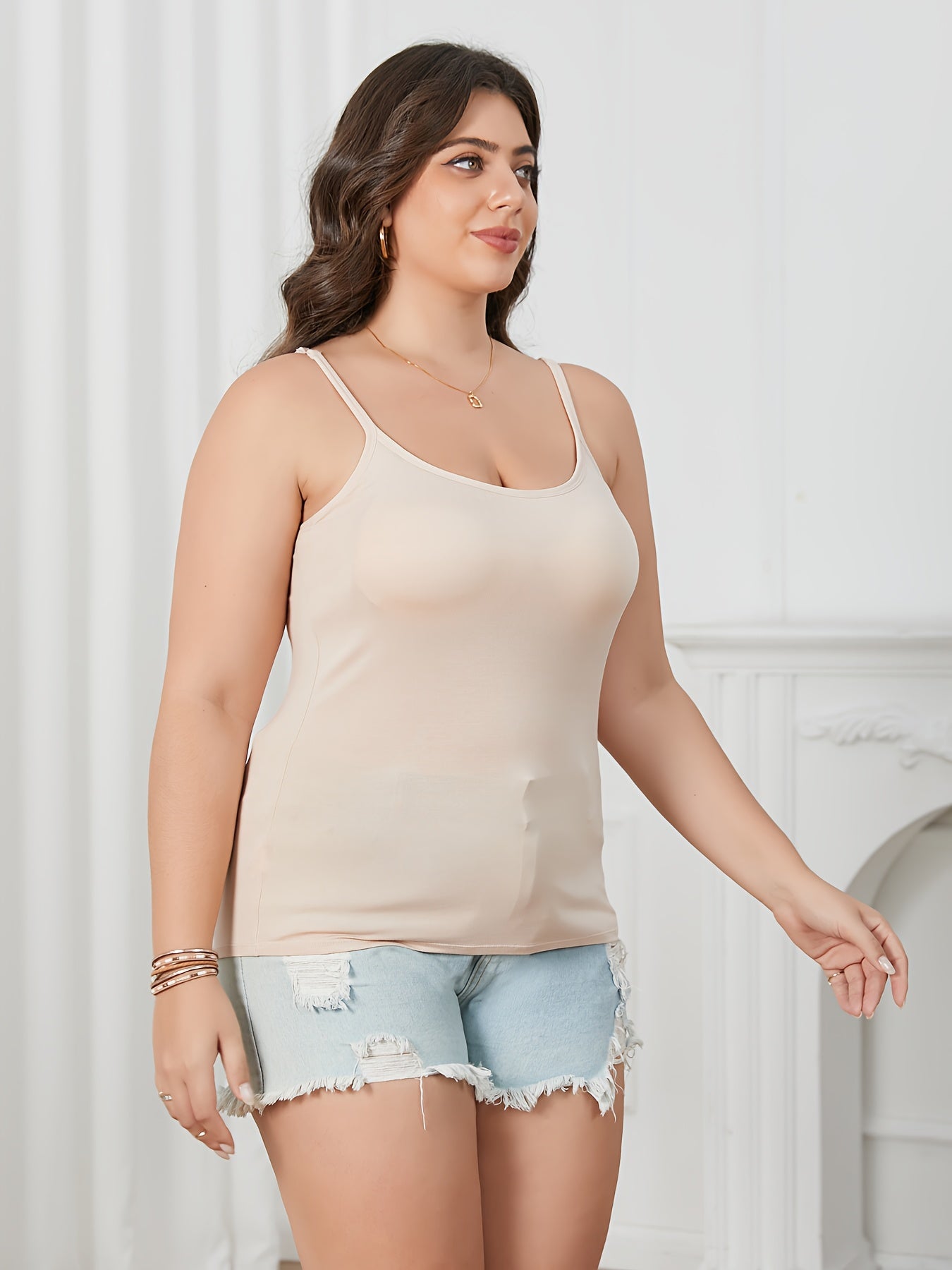 Plus Size, 3pcs Set Plus-Size Women's Camisole Tops with Built-In Bra - Sleeveless Round Neck All-in-One Comfy Loungewear & Day-to-Night Outfits, Adjustable Waist Tie, No Additional Underwear Needed, Beige/Black/White, Hand Washable Casual Wear for Home &