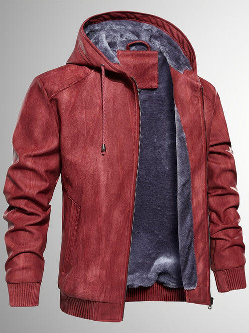 Men's Sherpa Lined PU Leather Jacket Warm Winter Hooded Motorcycle Jacket High Quality And Windproof Leather Biker Jacket Drawstring