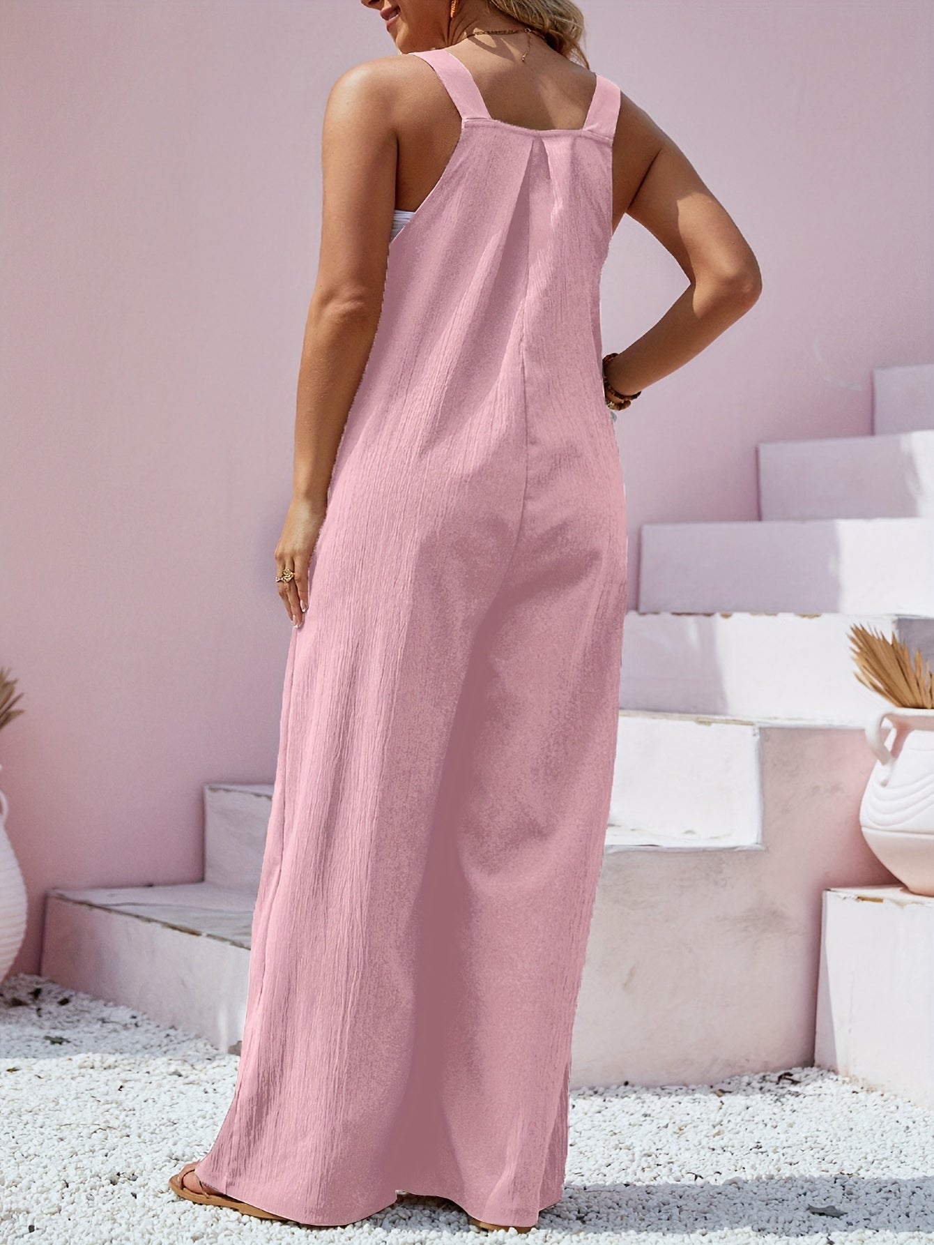 Plus Size - Plus Size Women'S Jumpsuit Spring And Summer Button Back Tie One-piece Pants - Back Tie Button Design, Thin Thickness, Loose - Spring & Summer Plus Size Women'S Vacation Jumpsuits