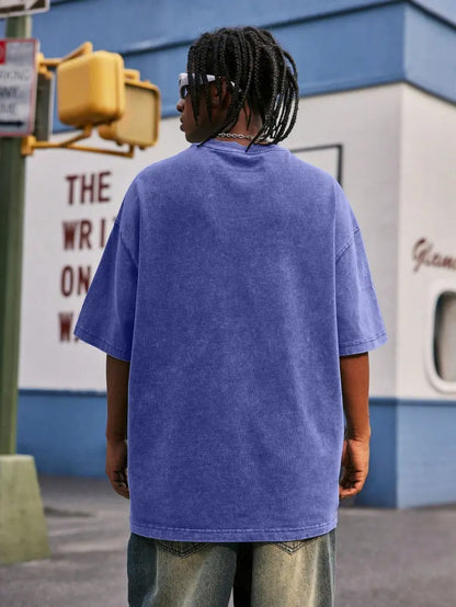 Street  Trend Men's Fashionable T-shirt, 100% Pure Cotton Heavyweight Washed T-shirt, Creative Pattern Printing, Distressed Men's Top, Round-neck Loose Large-sized Men's Short Sleeve, Suitable as a Gift for Dads and Boyfriends