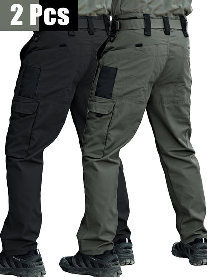 2 Pairs of Men's Tactical Cargo Pants, Outdoor Construction Hiking Multi-pocket Durable Casual Tactical Trousers | Adjustable Waistband | Hiking and Mountaineering Gear (waistband Not Included)