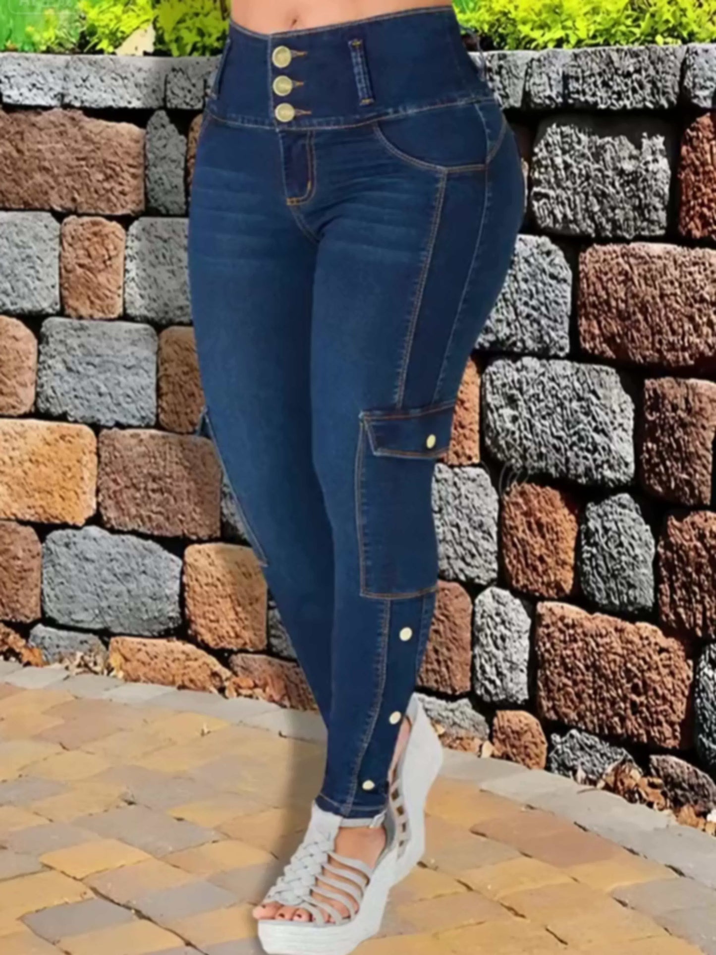 Women'S Stretch Fashionable Mid Waist Deep Blue Slim Fit Small Leg Jeans, Three Button Waistband, All Season Casual Style, Comfortable Material, Solid Color, Machine Washable, Daily Home, Outdoor Sports, Street Wear