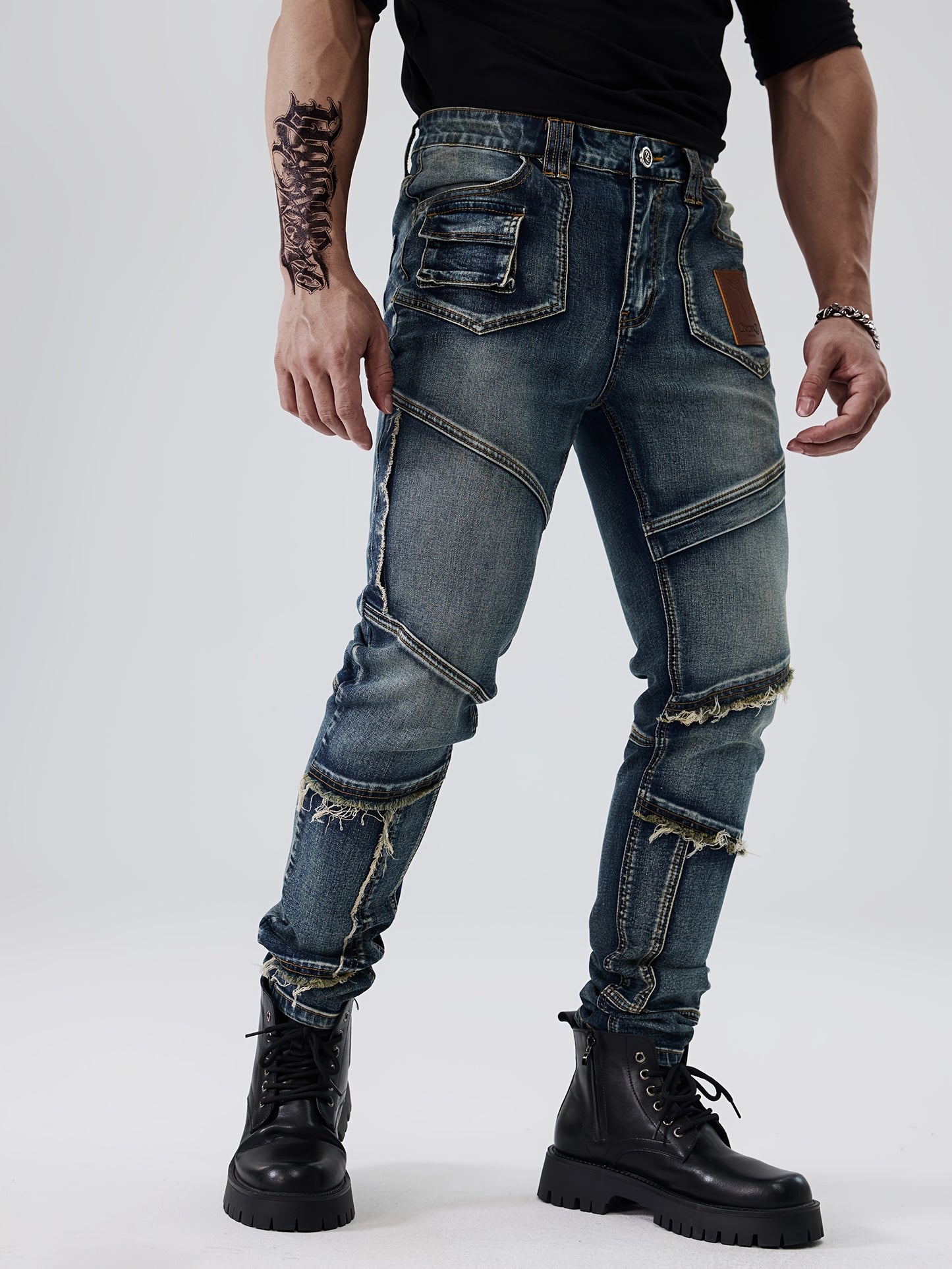 ESDVQ Men's Fashion Patchwork Vintage Washed Jeans - Slim Fit, Stretch Denim with Pockets, Casual Style, Machine Washable - Dark Blue with Light Blue & Black Accents
