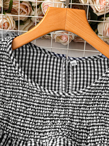 Plus Size, Women's Plus Size Short Sleeved Checkered Shirt Summer Casual Round Neck Outdoor Casual Top