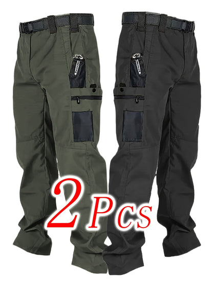 2pcs Men'S Tactical Pants - Heavy-Duty, Adjustable Belt & Multi-Pocket Design, Durable Outdoor Pants For Hiking, Hunting, Climbing, Casual Wear