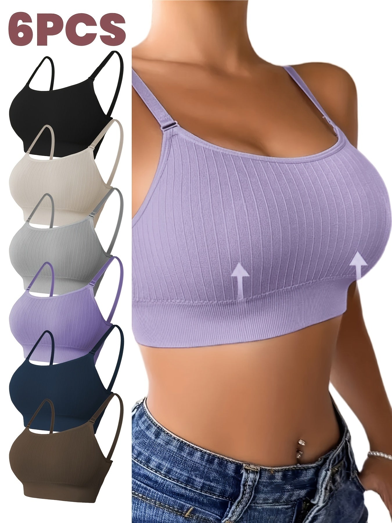 6pcs Women's U Back Sports Bra with Adjustable Straps And Removable Padded Bra