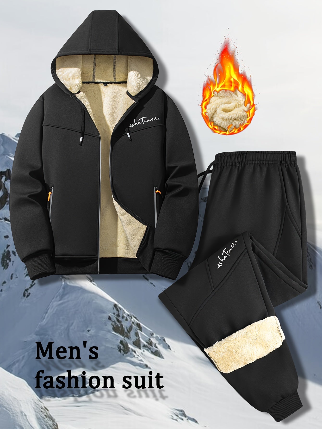 Men'S Winter Fleece Set: Zip-Up Hooded Thick Jacket with Sherpa-Lined Pants, Thermal Comfort, Zippered Pockets for Convenient Daily Wear, Embellished with Exquisite Embroidery