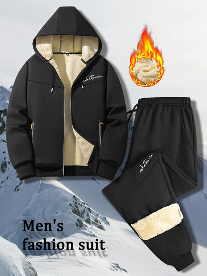 Men'S Winter Fleece Set: Zip-Up Hooded Thick Jacket with Sherpa-Lined Pants, Thermal Comfort, Zippered Pockets for Convenient Daily Wear, Embellished with Exquisite Embroidery