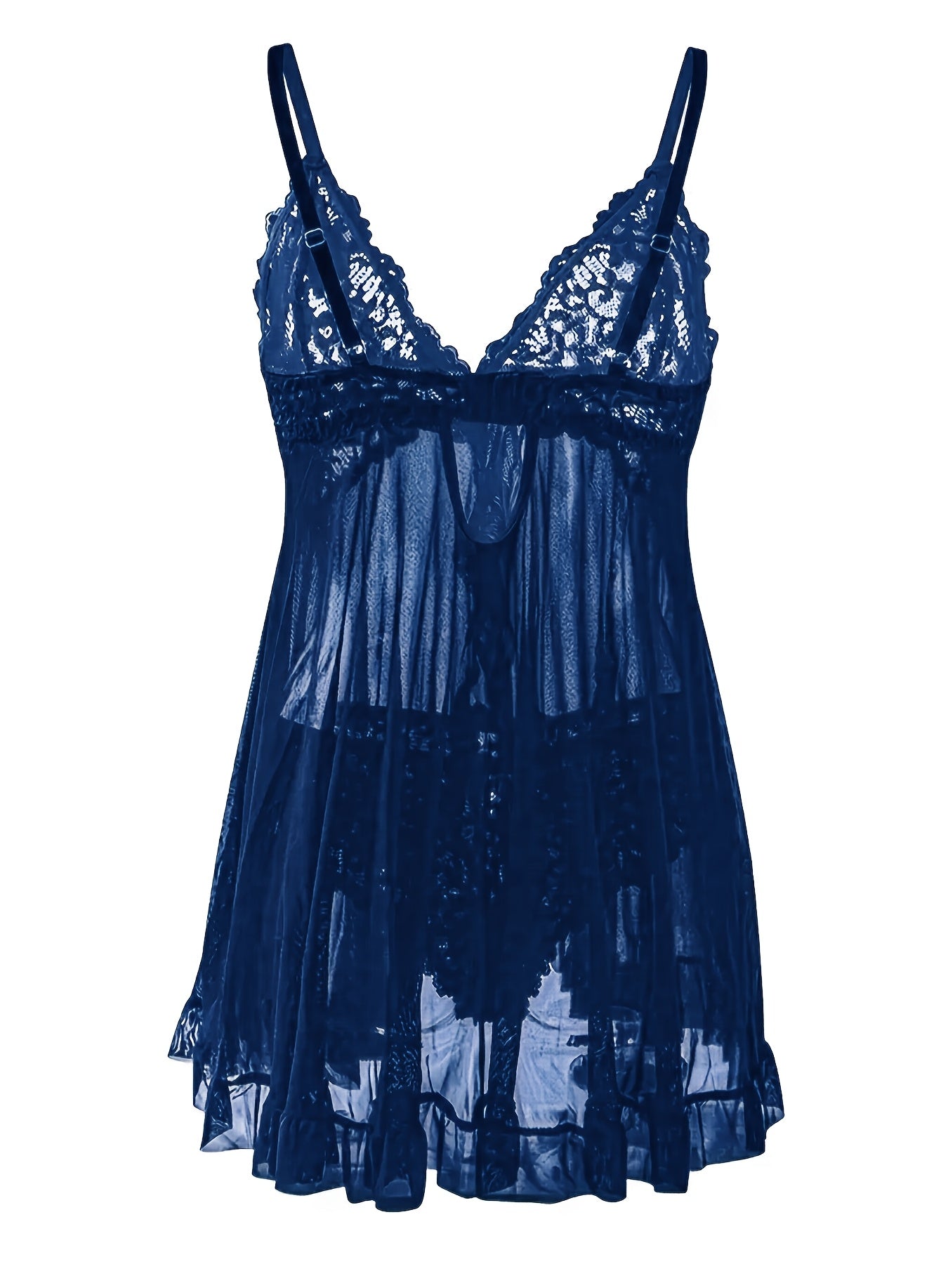 Big Size Sultry Valentine Lace Sleepwear Dress Set - Exquisite Lace, Flattering V-Neckline, Daring Backless Design, Delicate Ruffle Trim, Trendy Split Hem, Seductive Thong Detail, Ultra-Comfortable Fabric, Perfect For Romantic Night, Anniversary Gift
