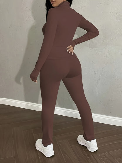 Women'S 2pcs Solid Color Fitted Sports Set Zipper Jacket & Pants Spring Autumn Yoga Workout Wear
