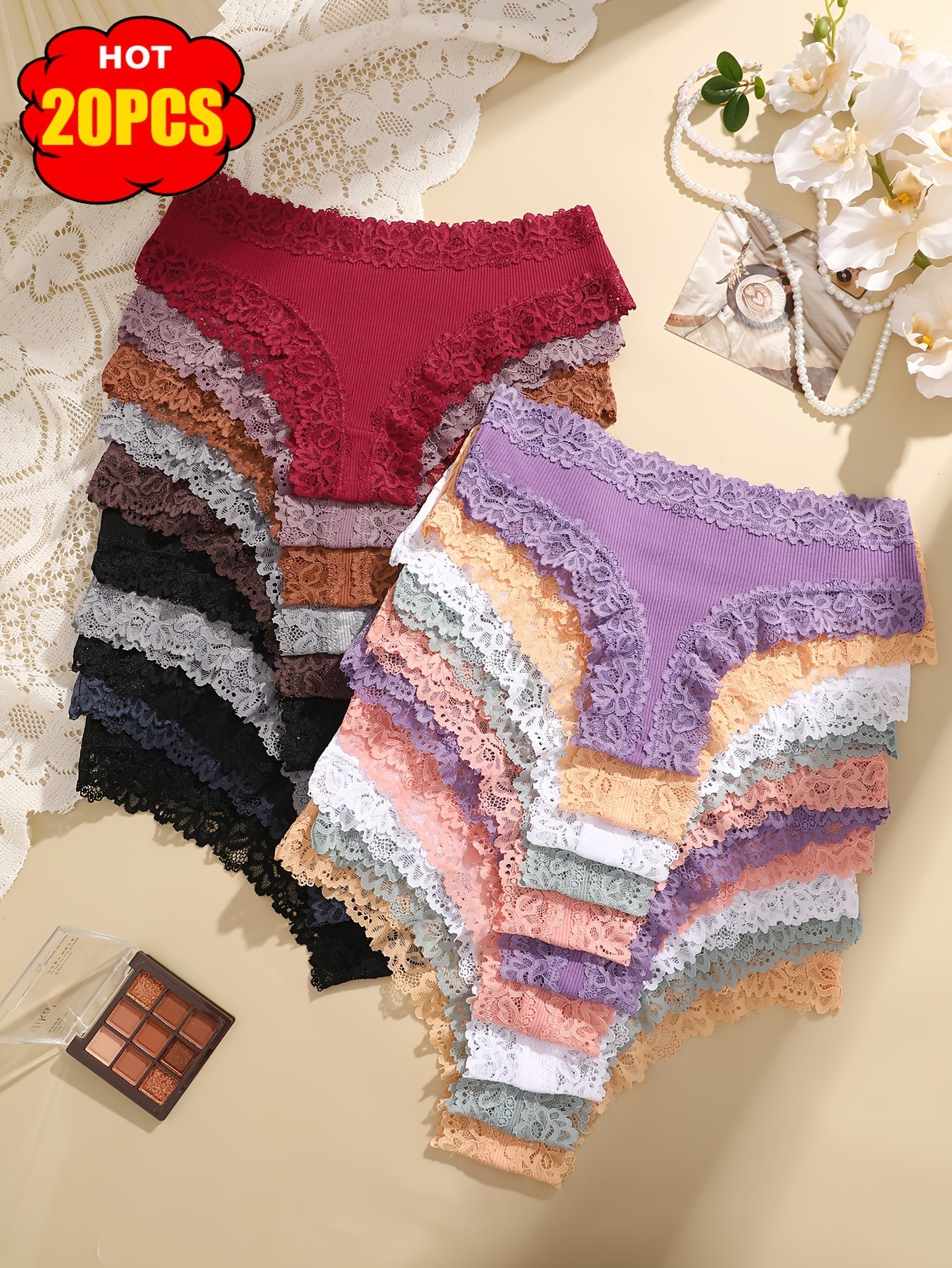 20pcs Set of Cotton Brazilian Pants, Lace And Lace Cotton Underwear, Comfortable, Elegant, Fashionable, Soft And Skin Friendly Underwear, Suitable for Daily Commuting, Women'S Underwear And Underwear