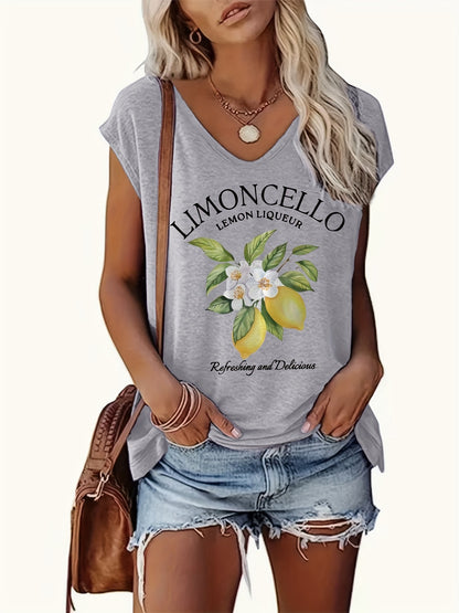 Women's Limoncello Pattern V-neck Vest Top-Sleeveless Casual Summer Spring Top with Limoncelli Bottle Design, Casual Summer Top| Sleeveless Top| Comfortable Fit