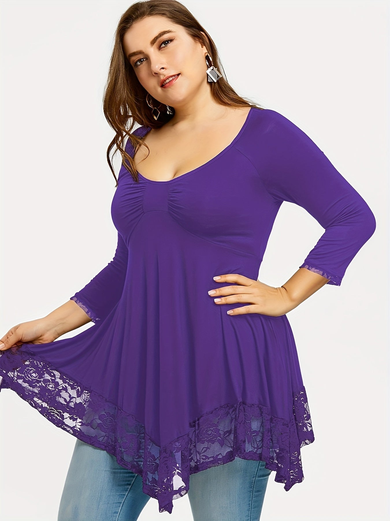 Plus Size - Plus Size - Floral Jacquard Lace Top in Plus Size - Stylish Contrast Edging, Round Neckline, Long Sleeves - Elegant Solid Tops for Curvy Women for Easy Fashion