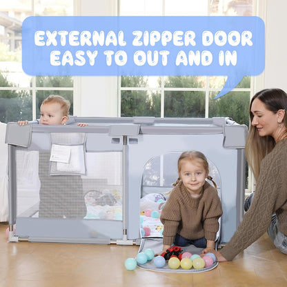 Baby Playpens In Multiple Sizes 71"*71", 71"*47", 47"*47" Large Play Pen For Babies And Toddlers With Soft Breathable Mesh, Climb-Proof Anti-Fall Baby Playpen, Sturdy Safety Play Yard For Indoor Outdoor Fun, Grey/Beige