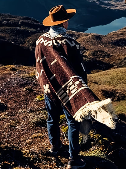 Men's Western Bandit Cape Coat with Tribal Print, Warm V-Neck Poncho with Tassel Trim for Outdoor Adventures, Fall and Winter Casual Wear (Brown/ White)
