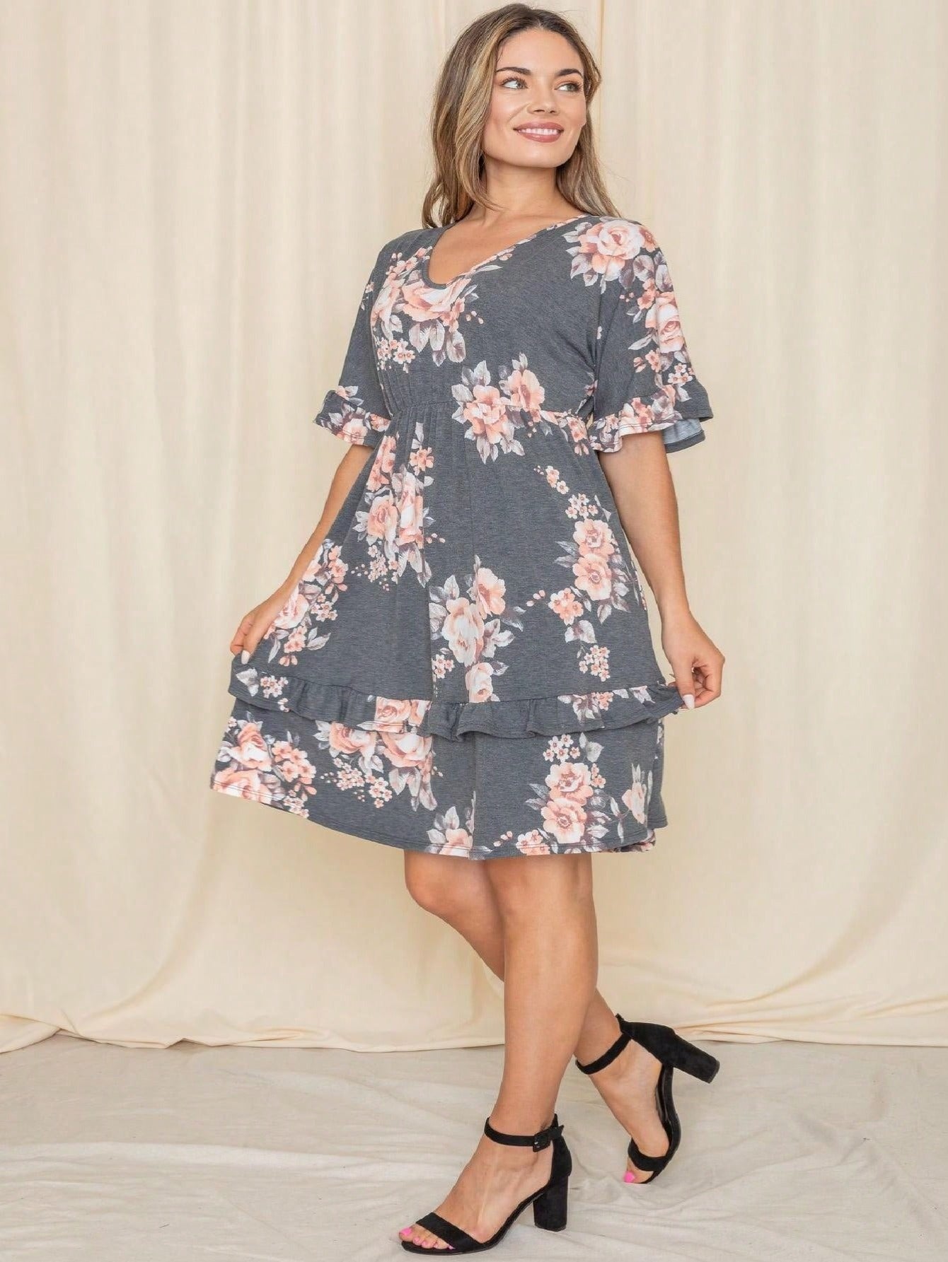 Vintage Boho Navy Pink Yellow White Charcoal Floral Ruffle flutter Trim Midi Dress S-3X