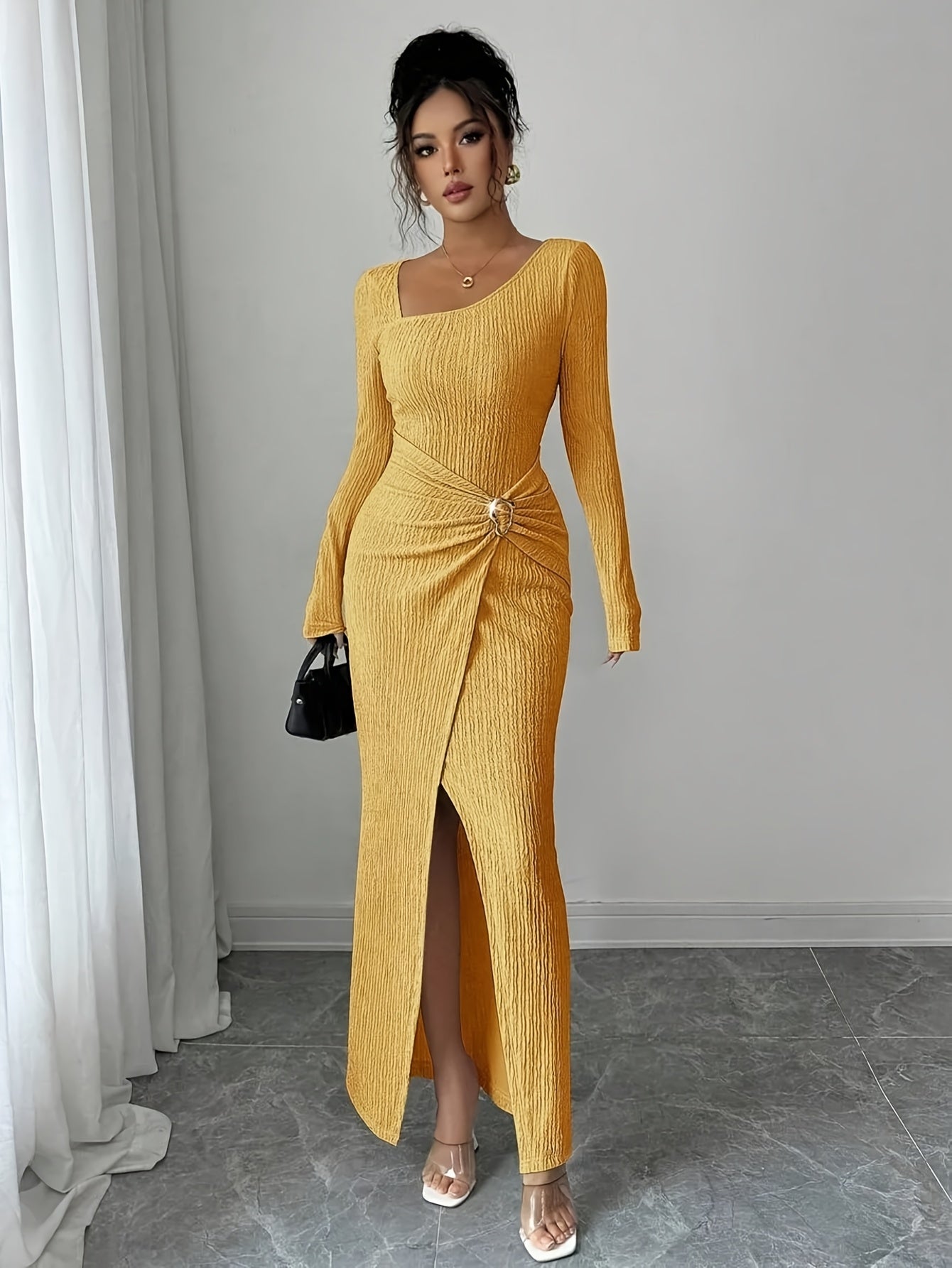 Women'S Solid Color Twisted Split Maxi Dress Asymmetrical Neck Slim Bodycon Fall Winter Elegant Fashion Dress