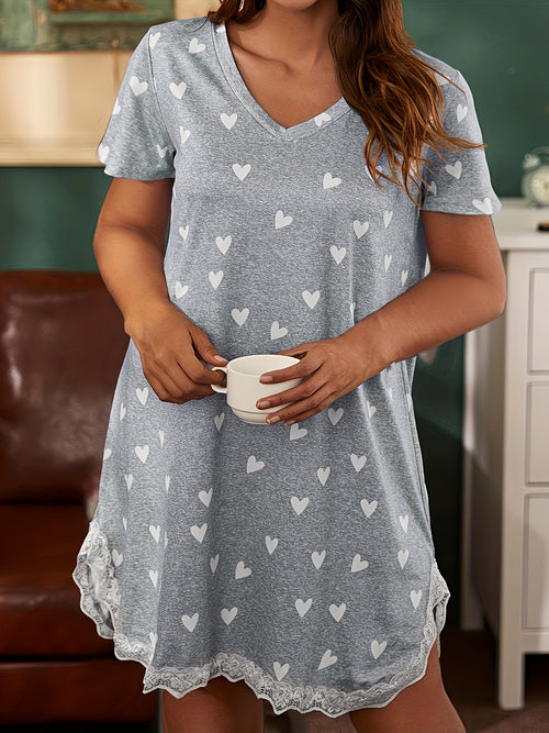 Women's Plus Size Sleepwear, Nightgown Set, Lace Spliced Love Print Nightdress Skirt